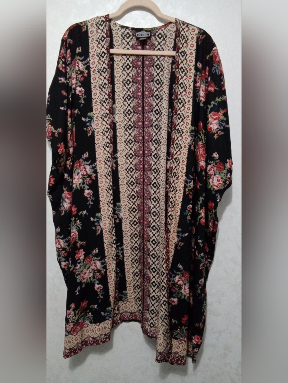 Angie Floral Boho Kimono Cardigan Open Front Wrap Black Pink Large - Picture 2 of 6